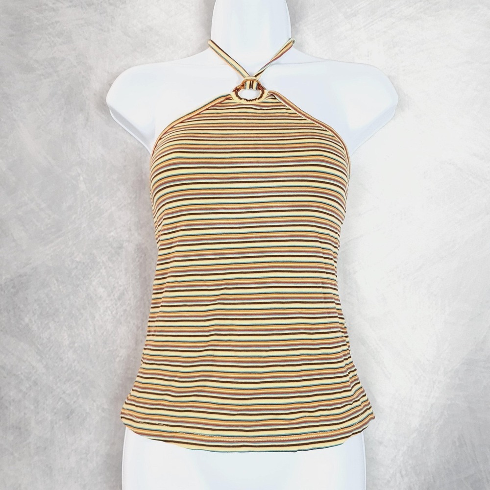 Vintage Y2K Wet Seal Halter Tank Top Womens Large Multicolor Striped Keyhole